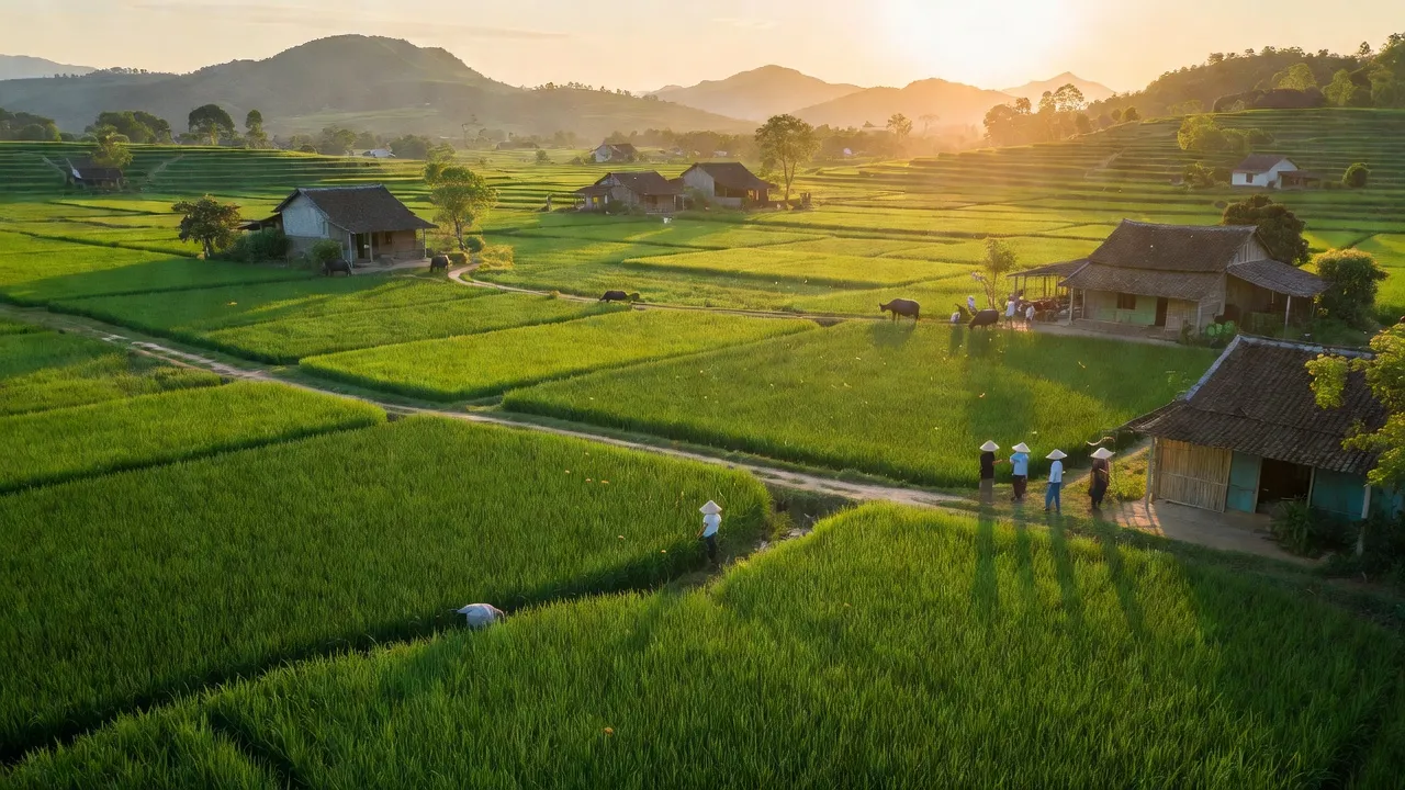 Khung cảnh quê hương xã Đại Nghĩa, huyện Đại Lộc, tỉnh Quảng Nam, đồng xanh và nhà cửa giản dị.