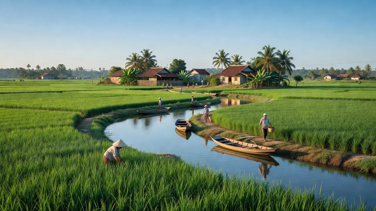 Cảnh xã Đại Phong, huyện Đại Lộc, tỉnh Quảng Nam với đồng xanh, sông và trời trong.
