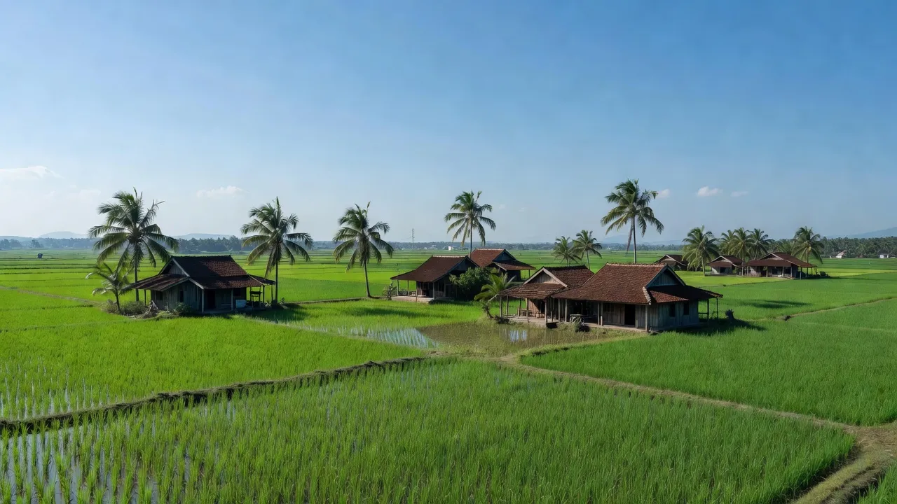 Khung cảnh Xã Đại Phong ở Huyện Đại Lộc, Quảng Nam với cánh đồng xanh mát và nhà cửa truyền thống.