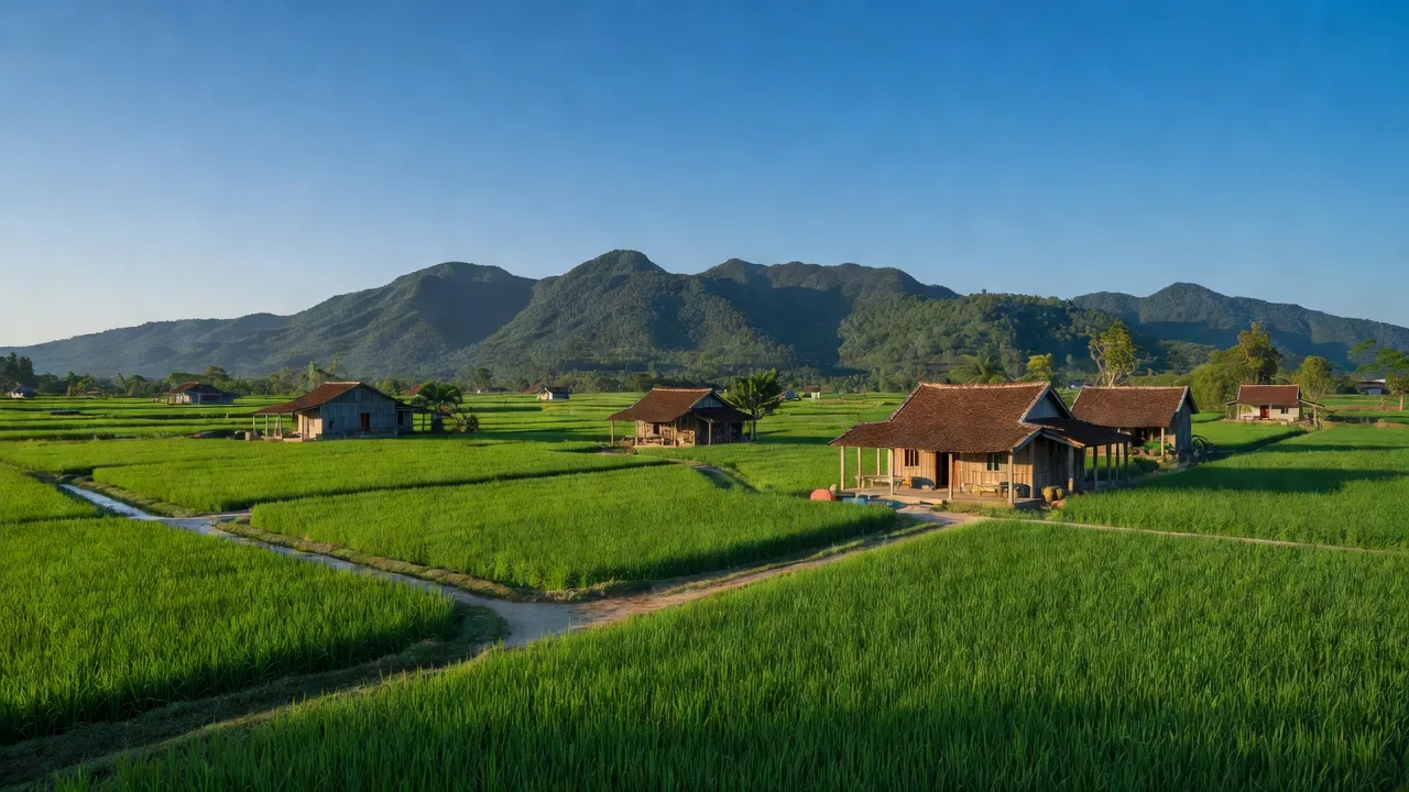 Khung cảnh yên bình của xã Đại Quang, huyện Đại Lộc, tỉnh Quảng Nam với cánh đồng xanh, nhà cửa nông thôn.