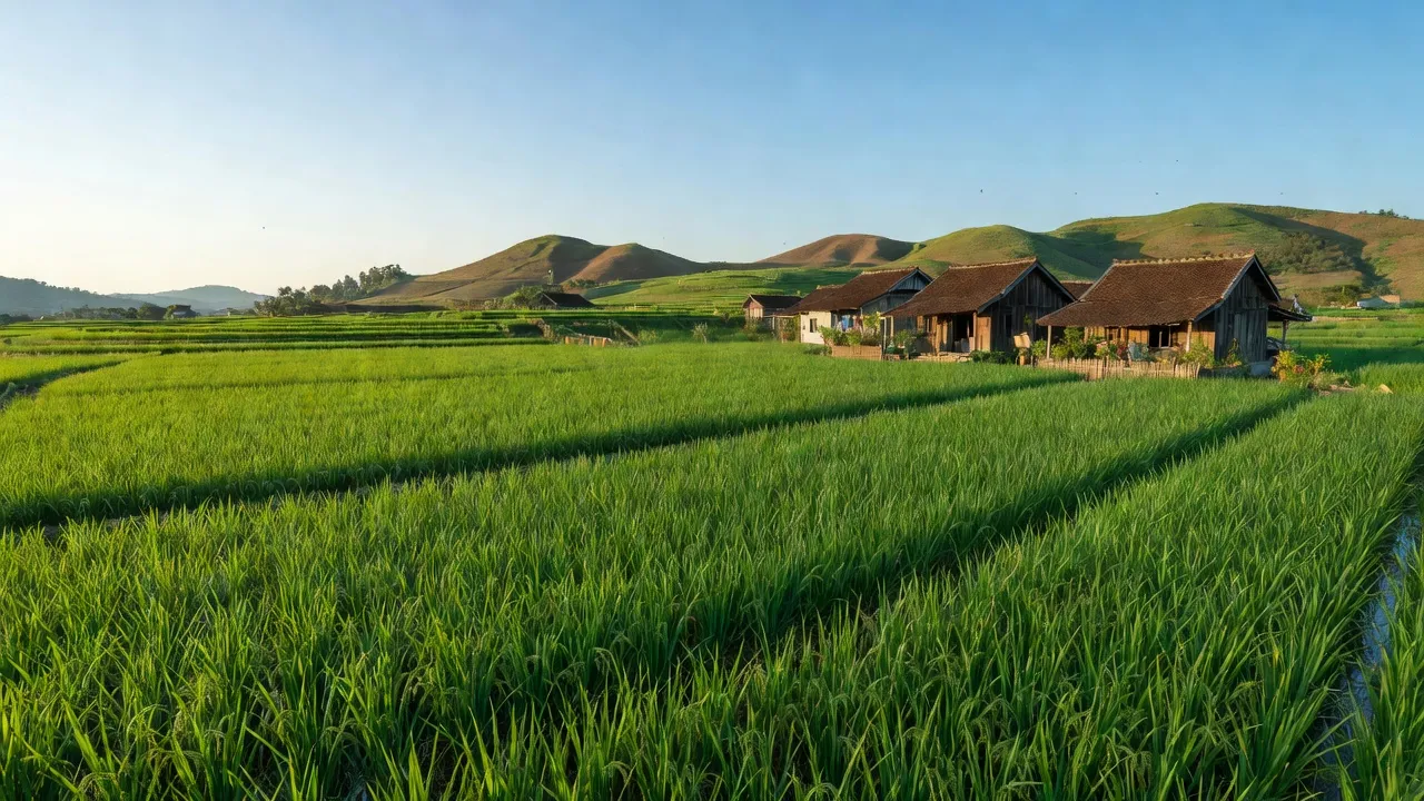 Khung cảnh yên bình ở xã Đại Quang, huyện Đại Lộc với cánh đồng lúa xanh tươi và ngôi nhà truyền thống.