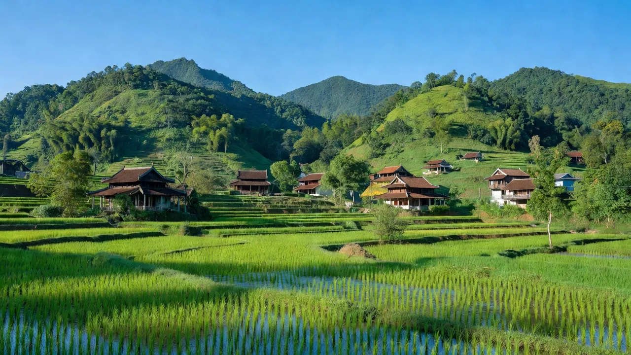 Cảnh đẹp Xã Đại Sơn, huyện Đại Lộc, Quảng Nam với núi xanh và ruộng bậc thang.