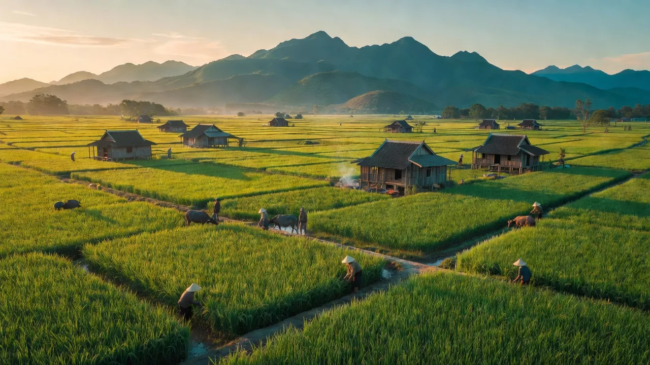 Khung cảnh đẹp tại xã Đại Sơn, huyện Đại Lộc, tỉnh Quảng Nam, thể hiện núi non và đồng ruộng.