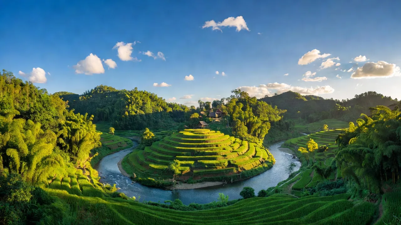 Cảnh đẹp xã Đại Thắng, huyện Đại Lộc, Quảng Nam với ruộng bậc thang và dòng sông.
