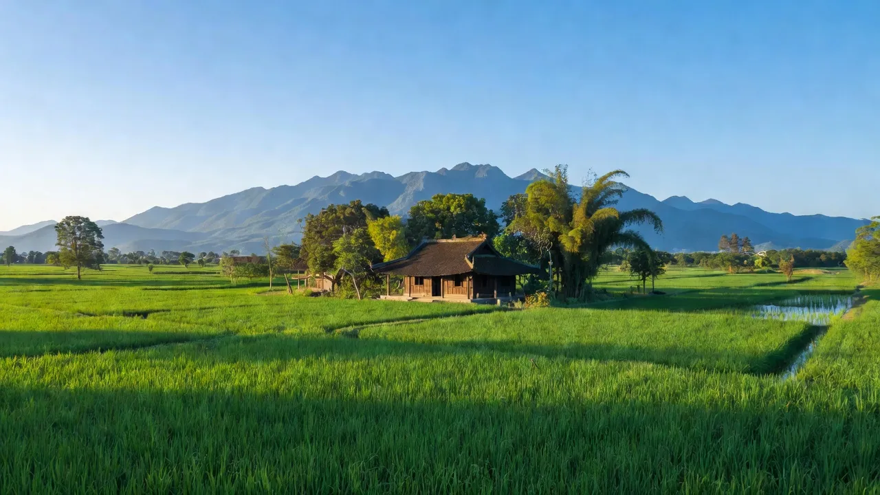 Khung cảnh yên bình xã Đại Thắng, huyện Đại Lộc, Quảng Nam với cánh đồng xanh và ngôi nhà truyền thống.