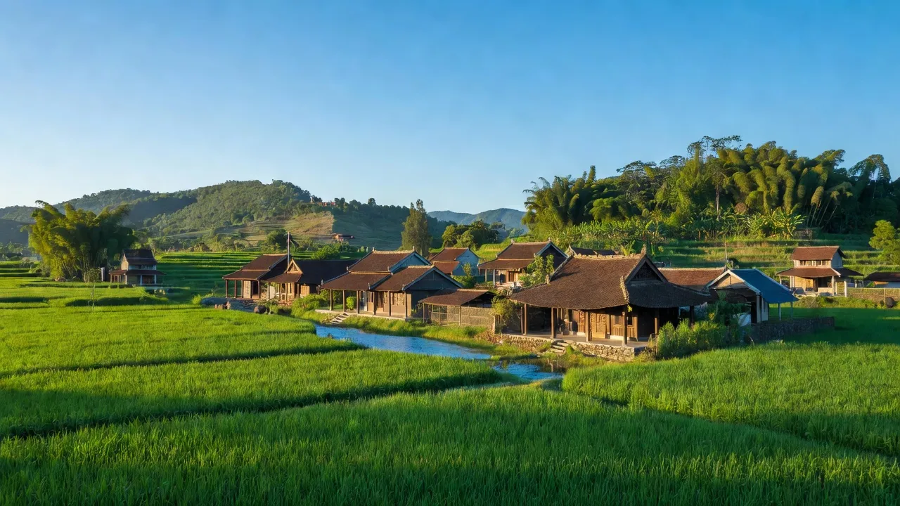 Cảnh đẹp Xã Đại Thạnh, Huyện Đại Lộc, tỉnh Quảng Nam với cánh đồng xanh và kiến trúc truyền thống.