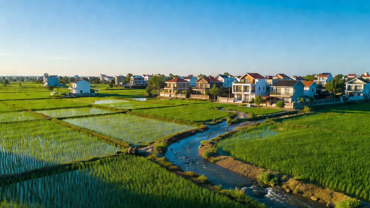 Khung cảnh thị xã Điện Bàn tỉnh Quảng Nam, hiện đại với cánh đồng và nhà cửa dưới ánh nắng.