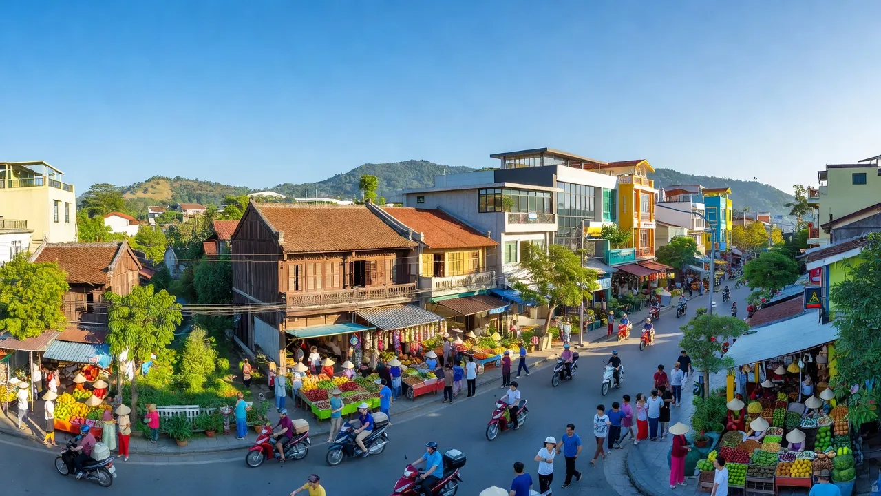 Thị xã Điện Bàn, Quảng Nam với kiến trúc hiện đại, cảnh quan xanh tươi và bầu trời trong xanh.