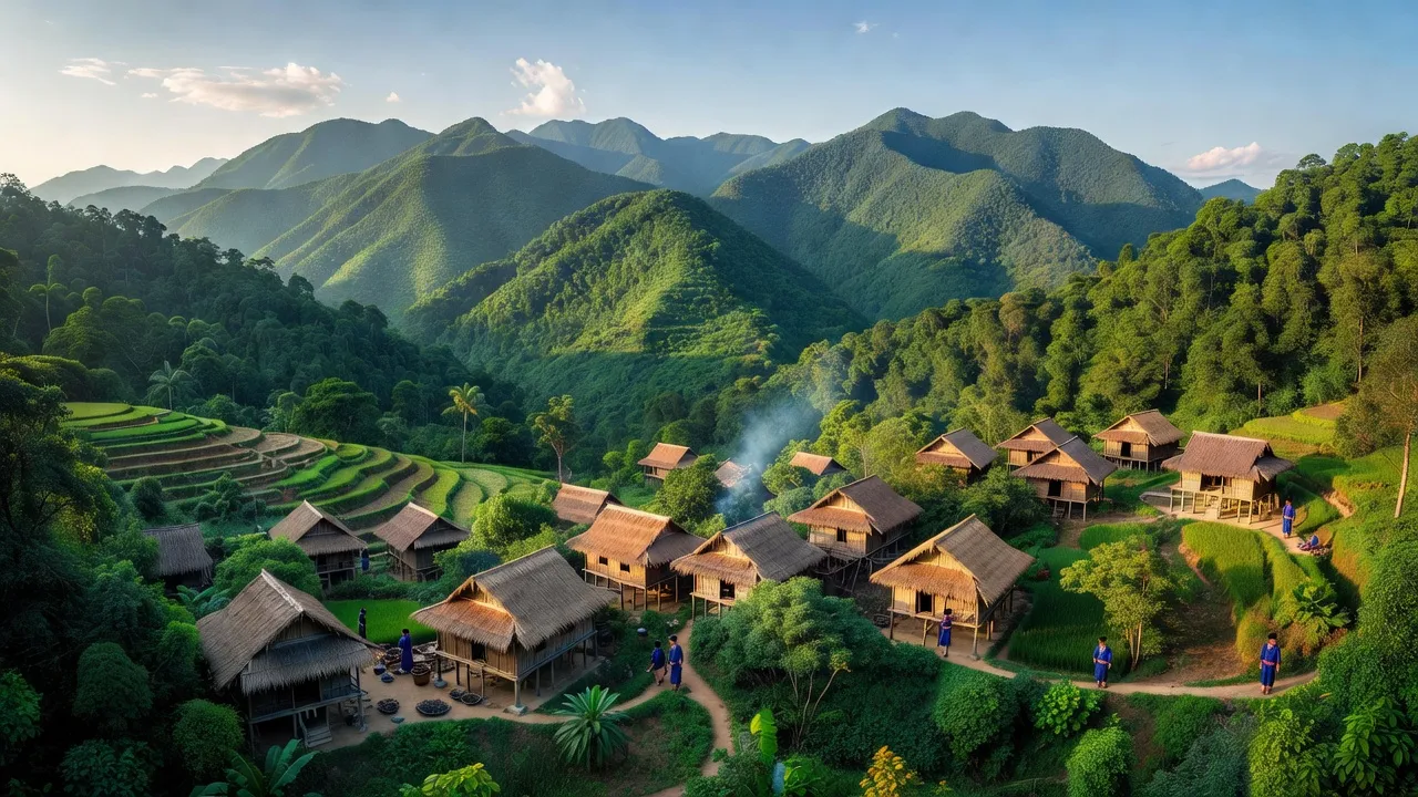 Cảnh đẹp huyện Đông Giang, tỉnh Quảng Nam với núi non xanh tươi và làng Cơ Tu truyền thống.