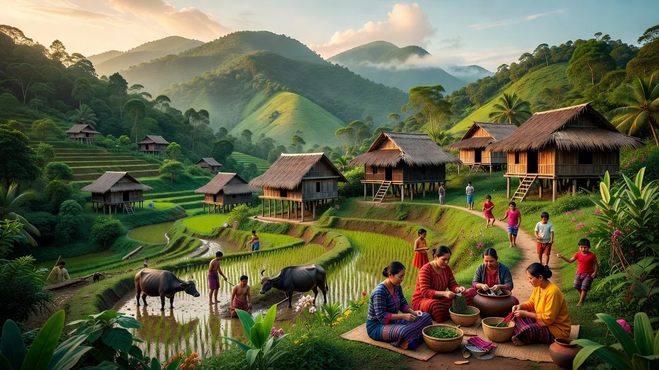 Khung cảnh yên bình huyện Đông Giang, tỉnh Quảng Nam với núi xanh và văn hóa Cơ Tu.