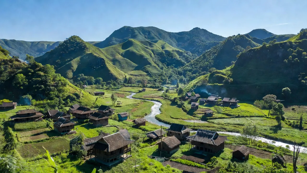 Khung cảnh làng A Rooi, huyện Đông Giang, tỉnh Quảng Nam với núi xanh và sông suối.