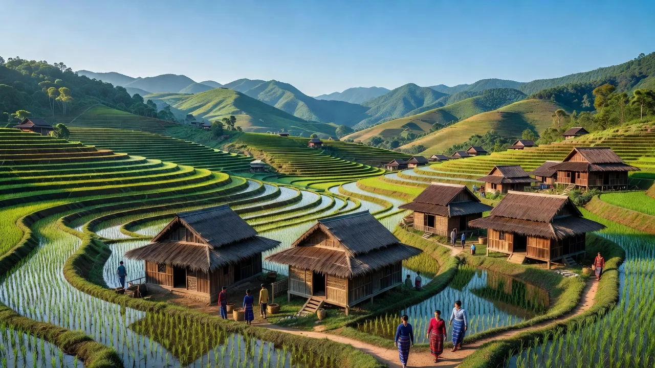 Cảnh đồng lúa và nhà cửa truyền thống tại xã A Ting, huyện Đông Giang, tỉnh Quảng Nam.