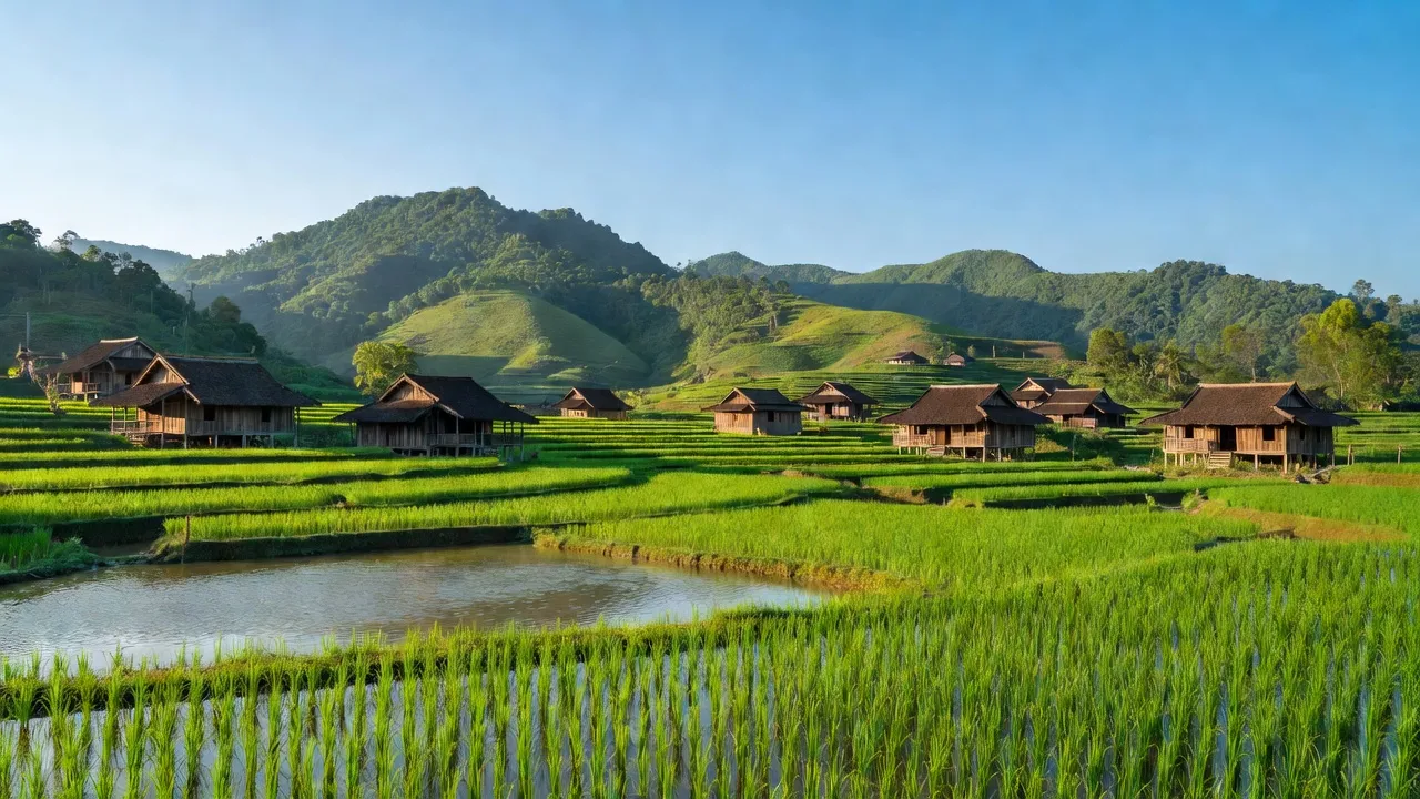 Khung cảnh thanh bình của Xã A Ting, huyện Đông Giang, tỉnh Quảng Nam với ruộng xanh và nhà gỗ.