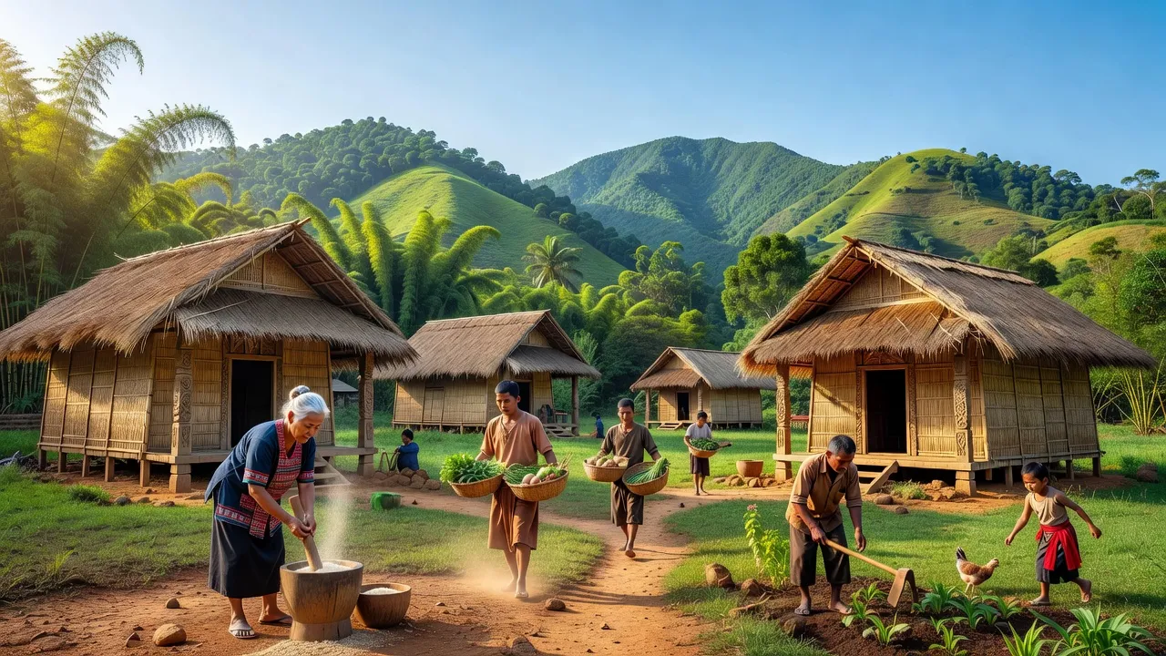 Khung cảnh xã Ba huyện Đông Giang, Quảng Nam với núi xanh và kiến trúc Cơ Tu truyền thống.