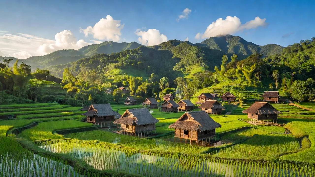 Cảnh quan Xã Mà Cooi, huyện Đông Giang, tỉnh Quảng Nam với núi xanh và nhà dân tộc.
