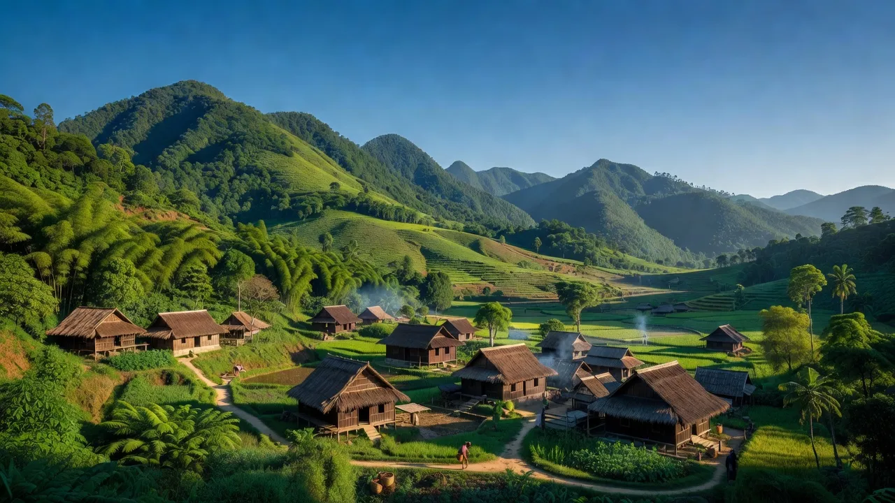 Khung cảnh xã Sông Kôn, huyện Đông Giang, tỉnh Quảng Nam với núi non và cây cối xanh tươi.