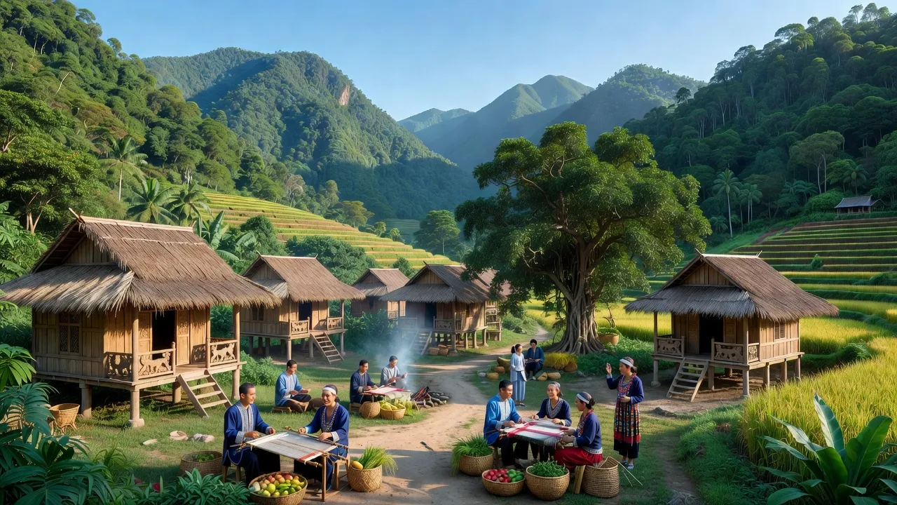 Toàn cảnh xã Sông Kôn, huyện Đông Giang, Quảng Nam với nhà Cơ Tu và thiên nhiên xanh biếc.