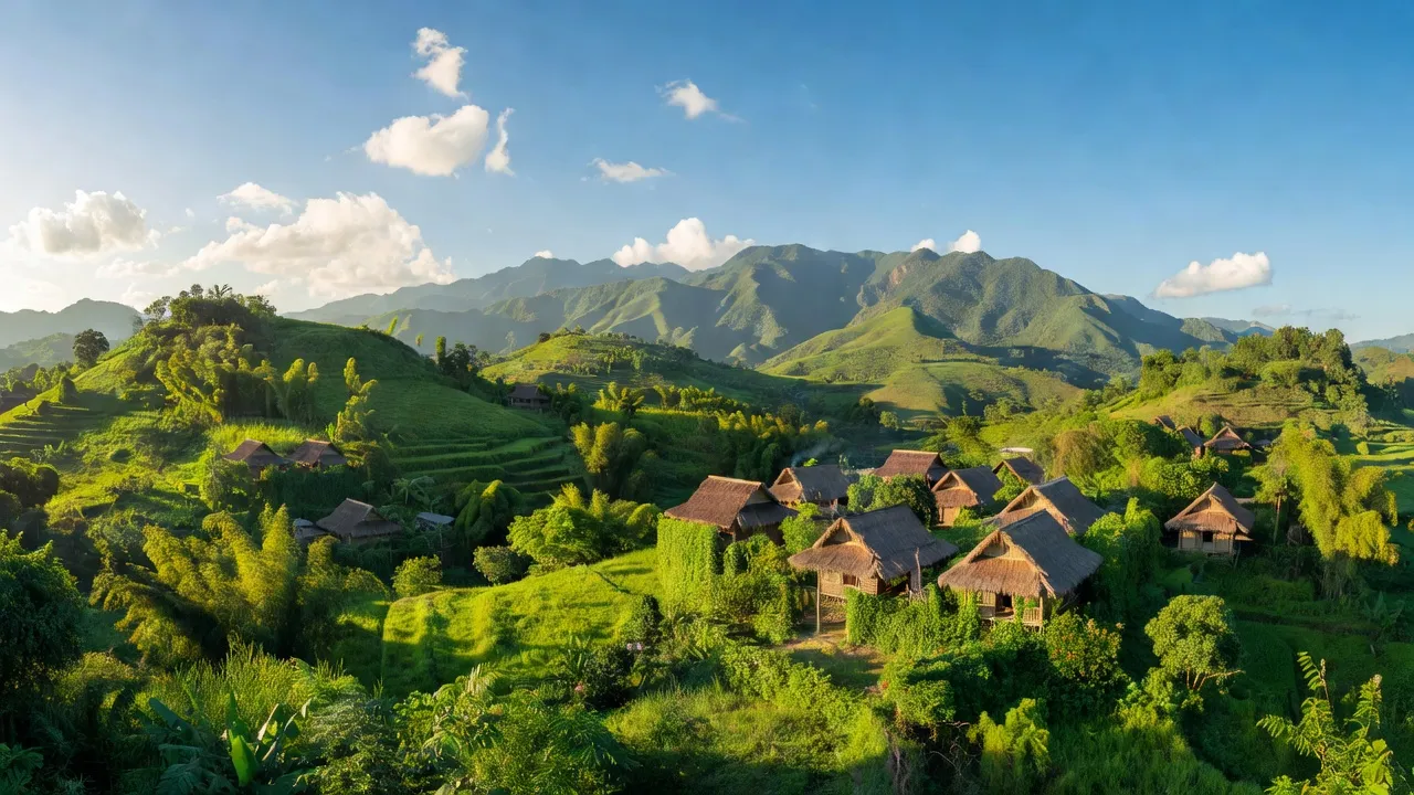 Cảnh quan xã Tà Lu huyện Đông Giang tỉnh Quảng Nam với đồi núi xanh tươi và nhà truyền thống.