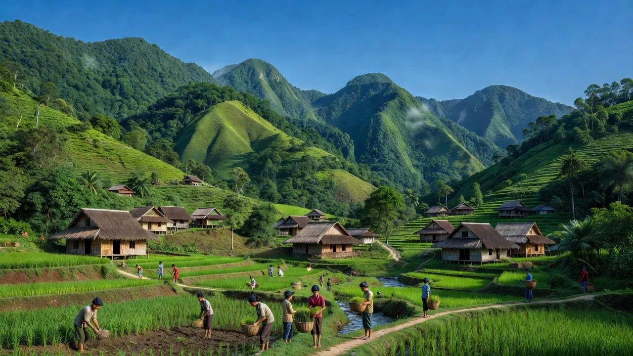 Khung cảnh Xã Tư, Huyện Đông Giang, Quảng Nam với núi non xanh tươi và nhà truyền thống.