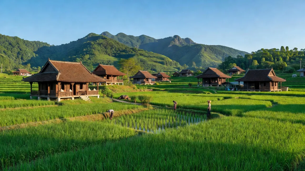 Landschaft huyện Duy Xuyên tỉnh Quảng Nam với cánh đồng xanh và nhà truyền thống.
