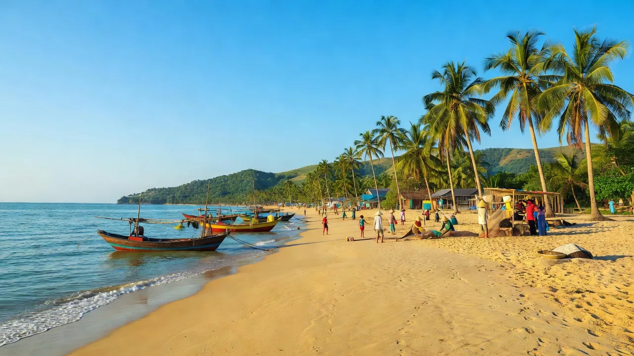 Khung cảnh ven biển Duy Hải, huyện Duy Xuyên, Quảng Nam với bãi biển và thuyền đánh cá.