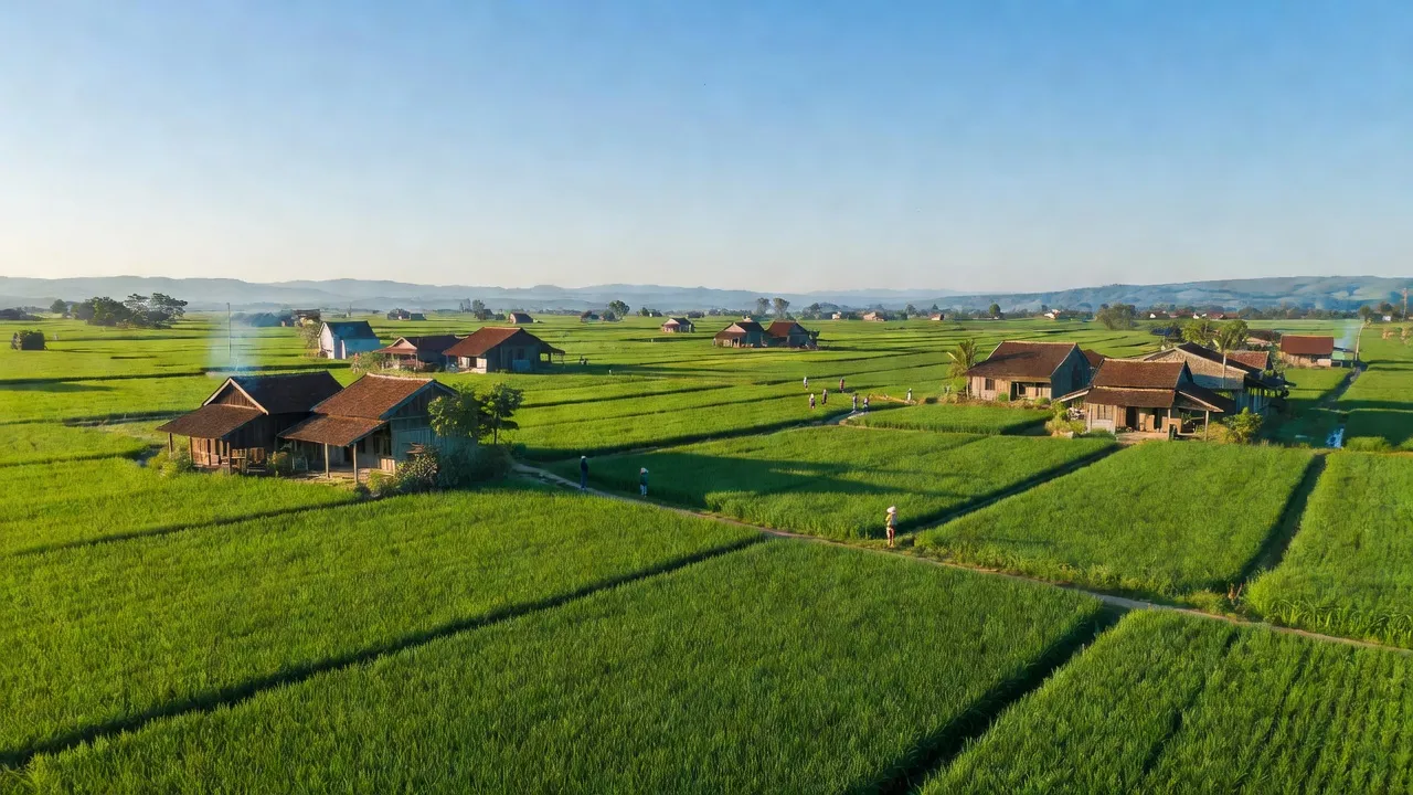 Cảnh làng Duy Hòa, huyện Duy Xuyên, Quảng Nam với cánh đồng xanh và nhà truyền thống.