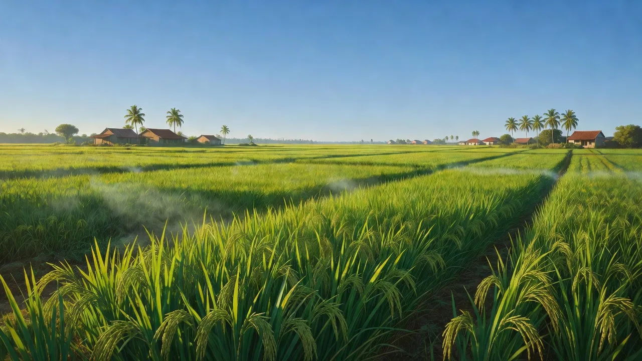 Cảnh đồng quê tại xã Duy Phú, huyện Duy Xuyên, tỉnh Quảng Nam với ruộng lúa xanh và bầu trời trong.