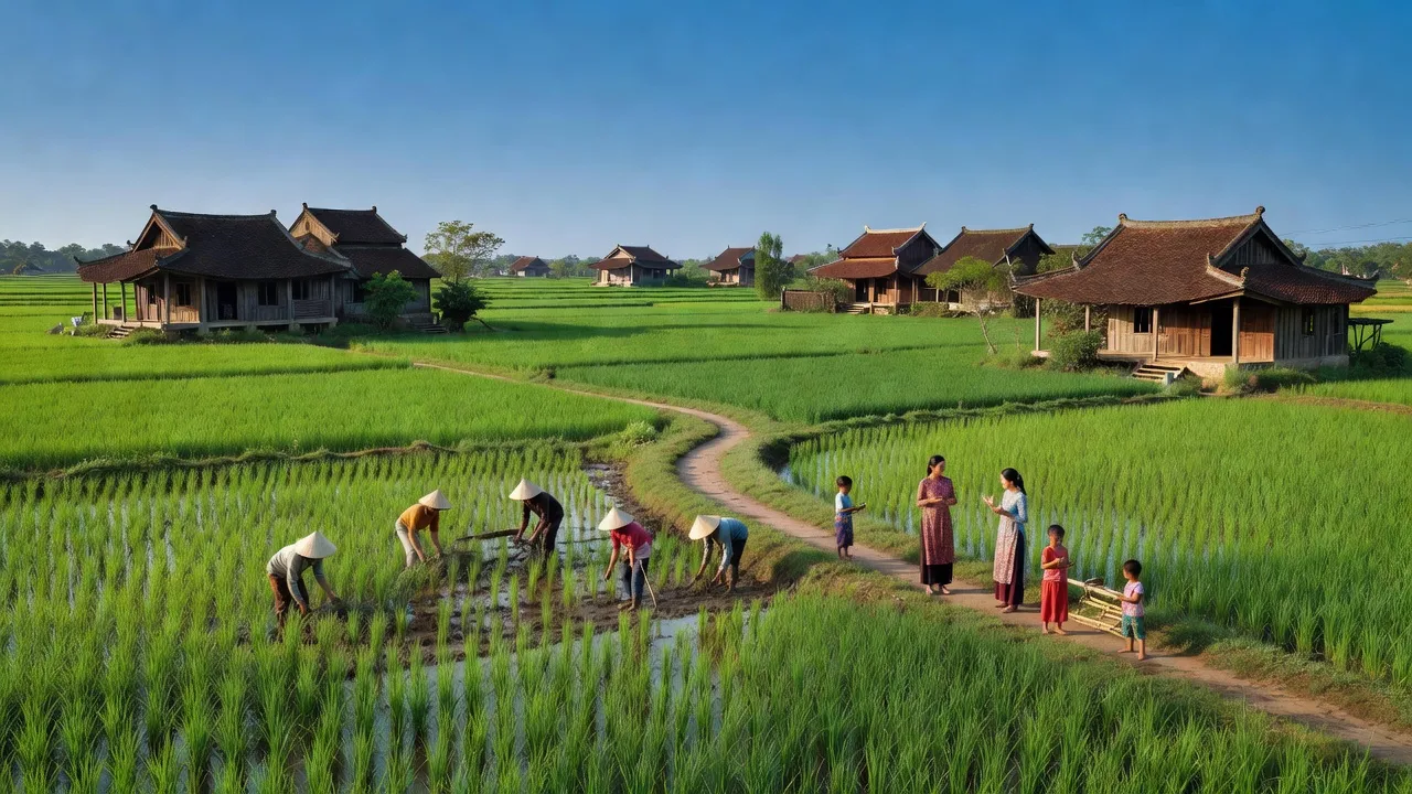 Khung cảnh nông thôn xã Duy Phước, huyện Duy Xuyên, Quảng Nam với cánh đồng xanh và nhà truyền thống.