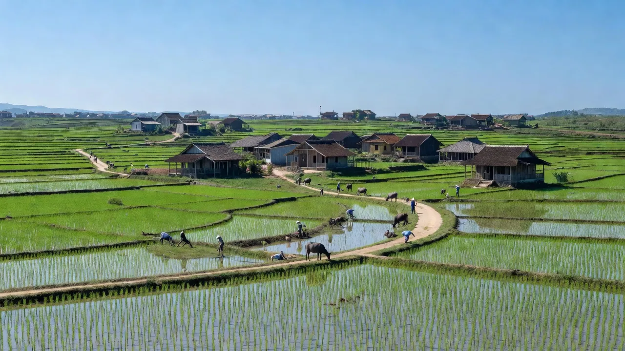 Khung cảnh xã Duy Sơn, huyện Duy Xuyên với đồng xanh và nhà truyền thống, Quảng Nam.