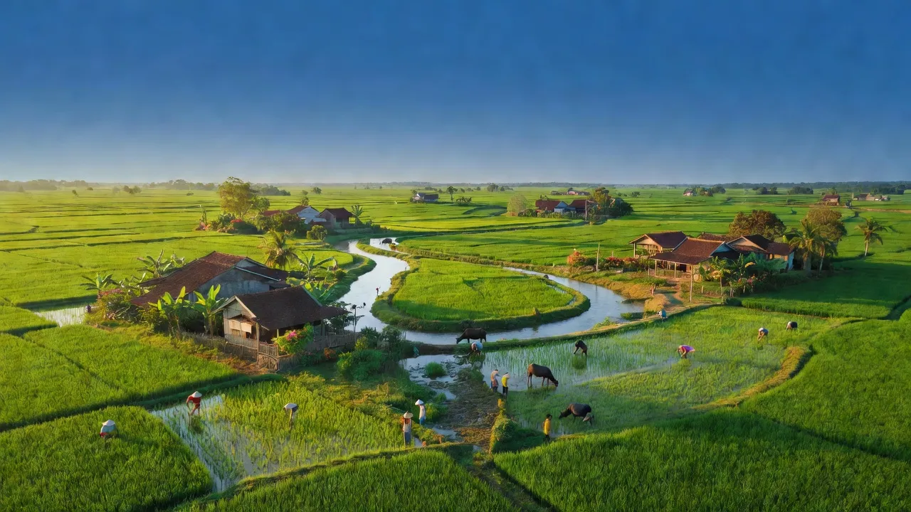 Cảnh sắc thanh bình tại Xã Duy Tân, Huyện Duy Xuyên, Tỉnh Quảng Nam với cánh đồng và thôn xóm.