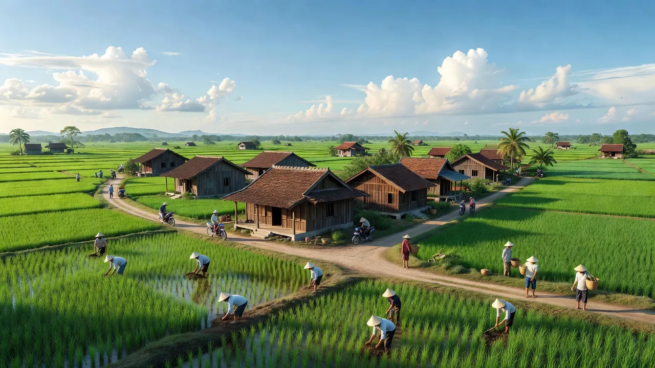 Cảnh đẹp xã Duy Thành, huyện Duy Xuyên, Quảng Nam với cánh đồng xanh, nhà truyền thống và bầu trời xanh.