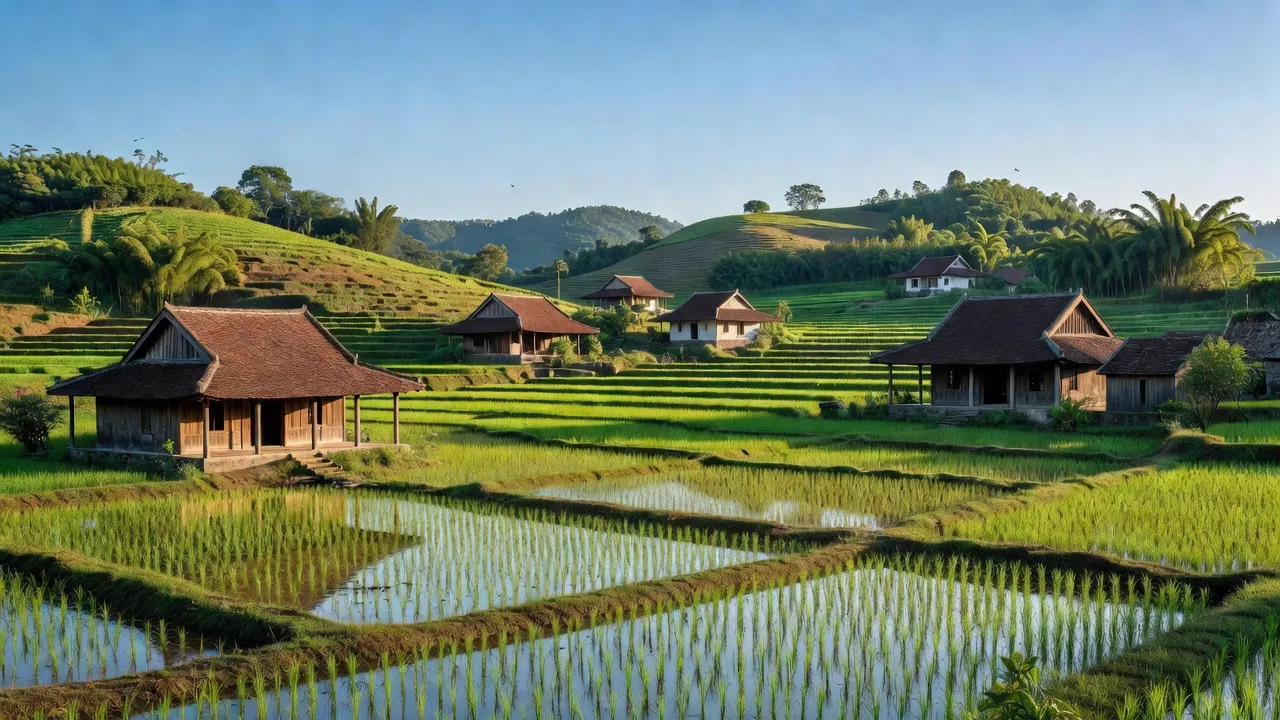 Cảnh quan nông thôn xã Duy Thành, huyện Duy Xuyên, tỉnh Quảng Nam với cánh đồng và nhà truyền thống.