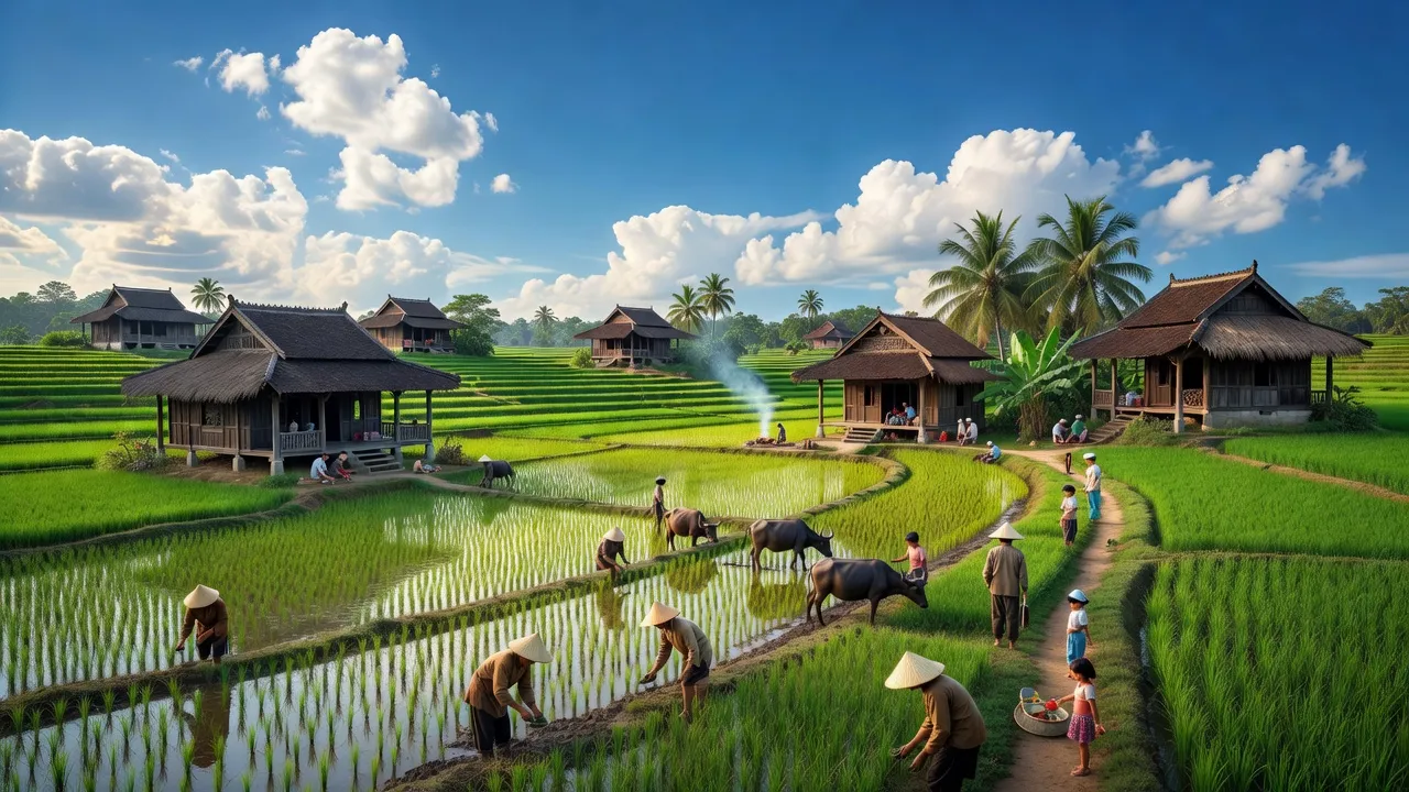 Cảnh đẹp xã Duy Trinh, huyện Duy Xuyên, tỉnh Quảng Nam với đồng lúa xanh và nhà truyền thống.