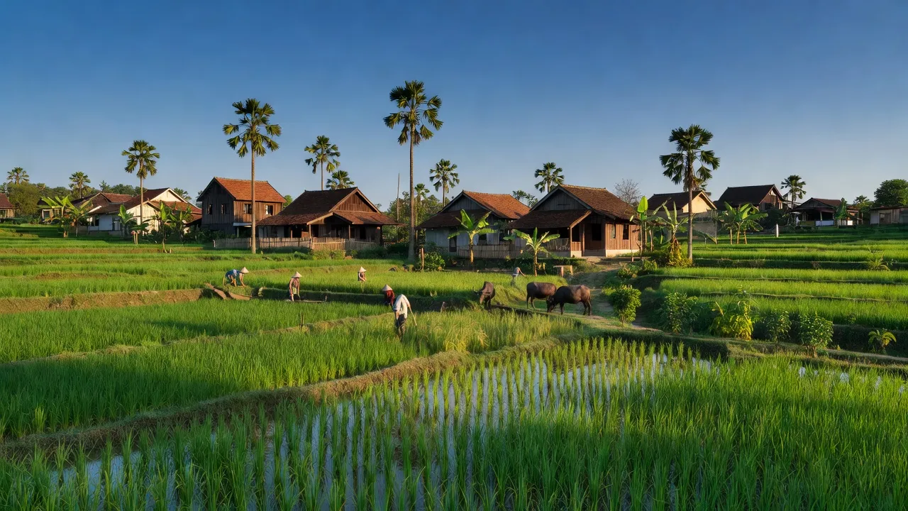 Khung cảnh làng Duy Trinh, huyện Duy Xuyên, Quảng Nam với cánh đồng xanh và nhà truyền thống.