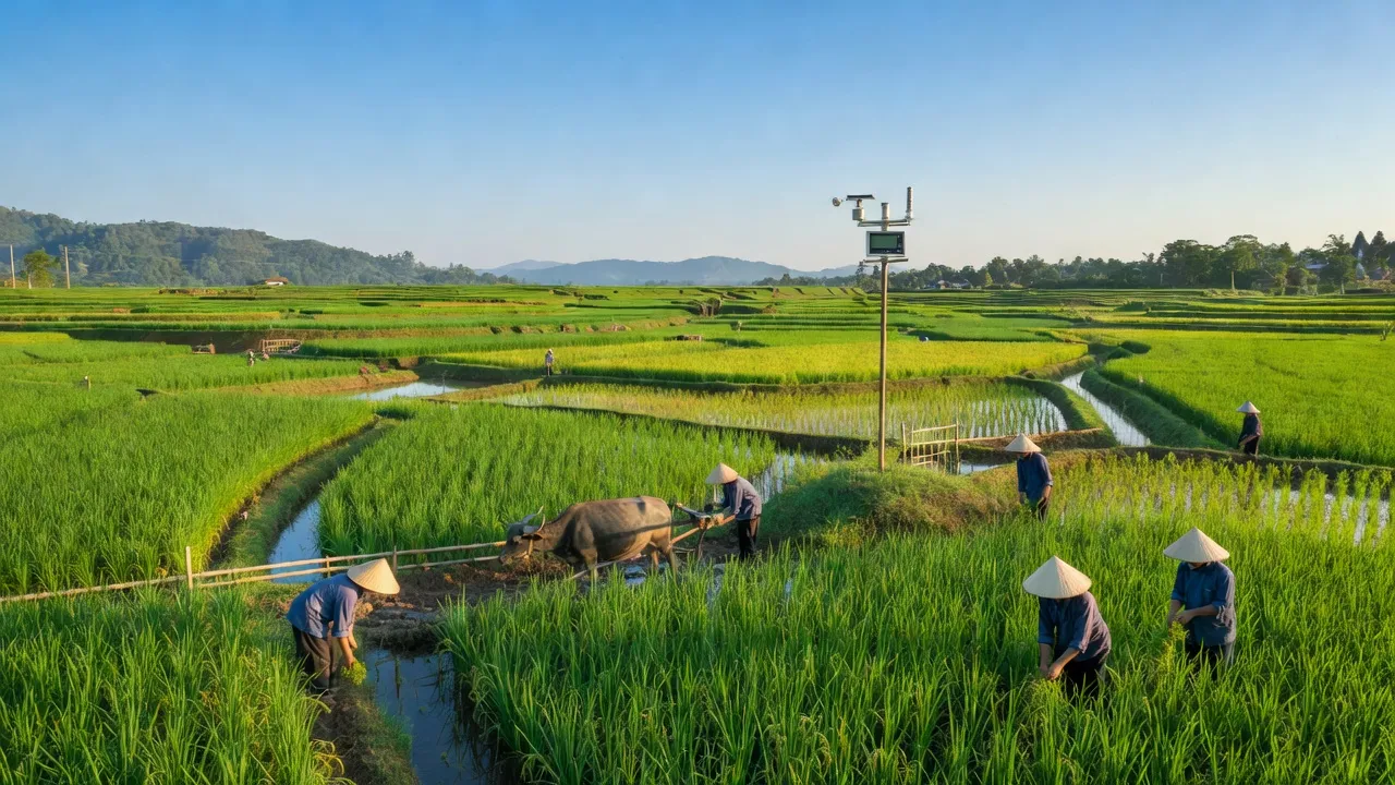 Khung cảnh xã Duy Vinh, huyện Duy Xuyên, tỉnh Quảng Nam với ruộng lúa xanh tươi và hệ thống tưới tiêu.