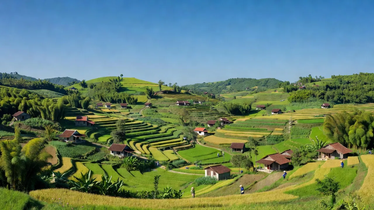 Khung cảnh huyện Hiệp Đức, Quảng Nam với đồi núi và thung lũng, nông nghiệp địa phương rõ nét.