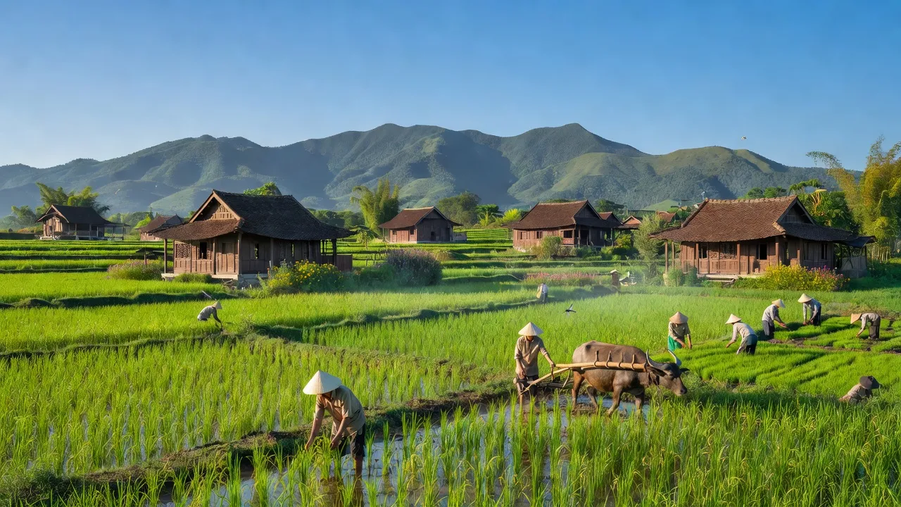 Khung cảnh xã Bình Lâm, huyện Hiệp Đức, tỉnh Quảng Nam với đồng lúa xanh và nhà truyền thống.