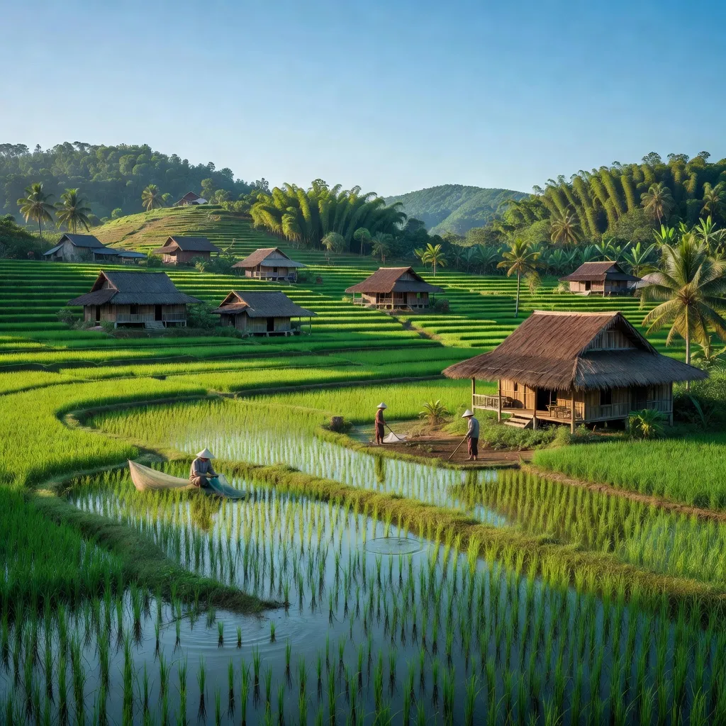 Cảnh quan nông thôn xã Bình Sơn, huyện Hiệp Đức, tỉnh Quảng Nam với cánh đồng xanh tươi.