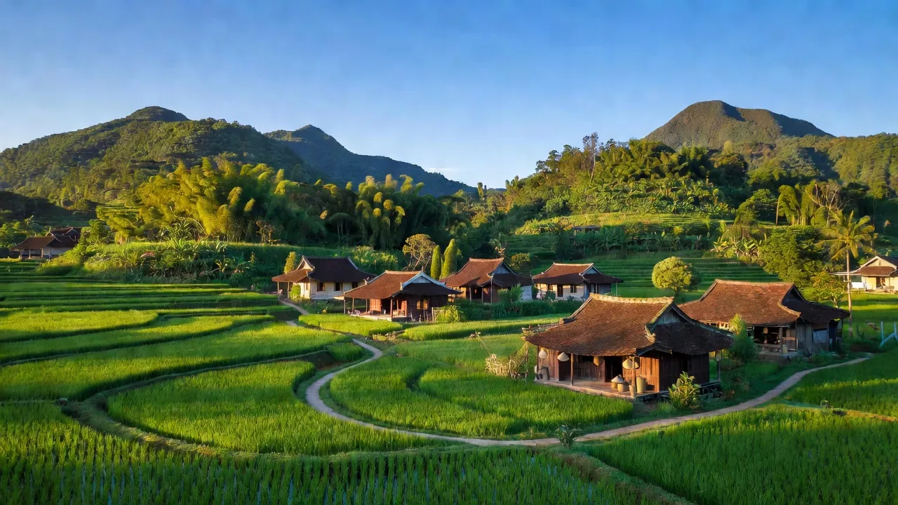 Cảnh quan xã Phước Gia, huyện Hiệp Đức, tỉnh Quảng Nam với núi xanh và ruộng bậc thang.