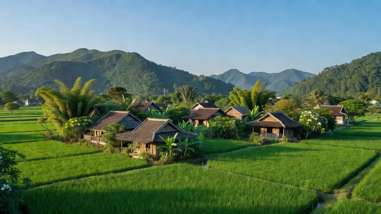 Phước Gia village in Hiệp Đức, Quảng Nam, featuring lush greenery and traditional houses, beautiful landscape.