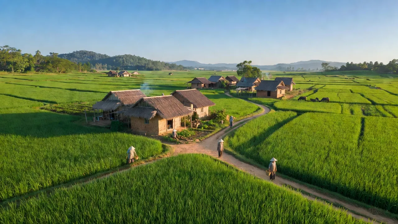 Cảnh đồng xanh và nhà truyền thống ở xã Phước Trà, huyện Hiệp Đức, Quảng Nam, Việt Nam.