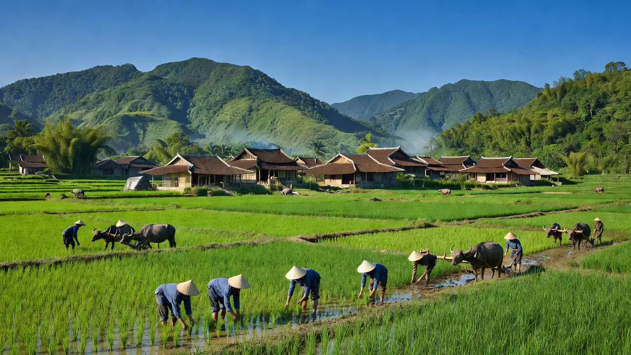 Quế Lưu village in Hiệp Đức, Quảng Nam with green mountains and traditional houses.