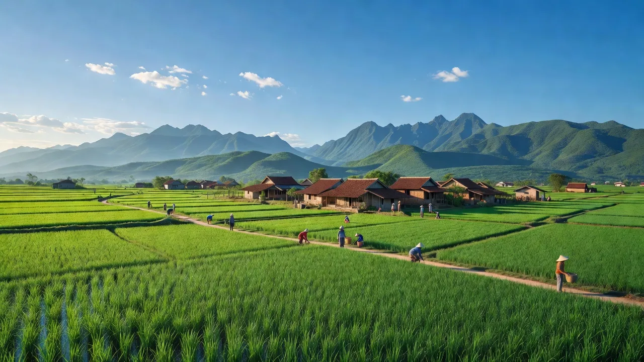 Phong cảnh xã Quế Tân, huyện Hiệp Đức, tỉnh Quảng Nam với cánh đồng xanh và núi non đẹp mắt.