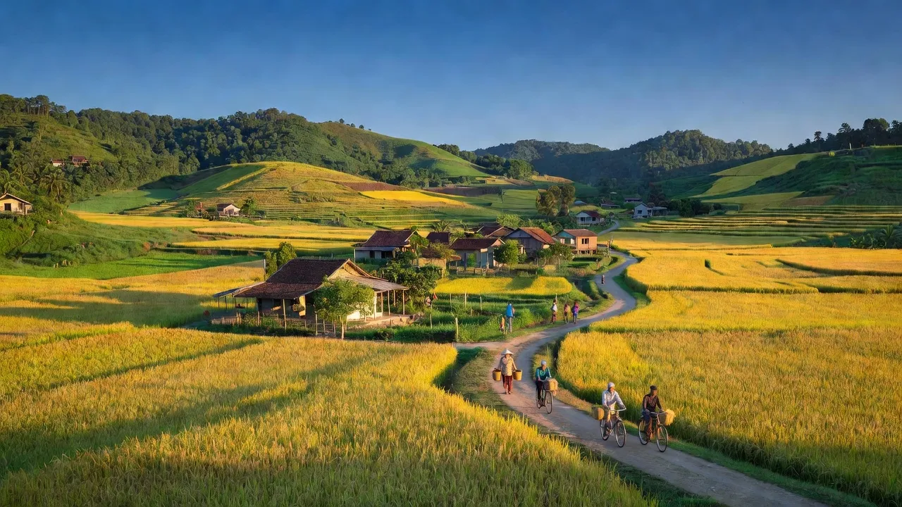 Vẻ đẹp tự nhiên của xã Quế Thọ, huyện Hiệp Đức, tỉnh Quảng Nam với đồi xanh và cánh đồng.