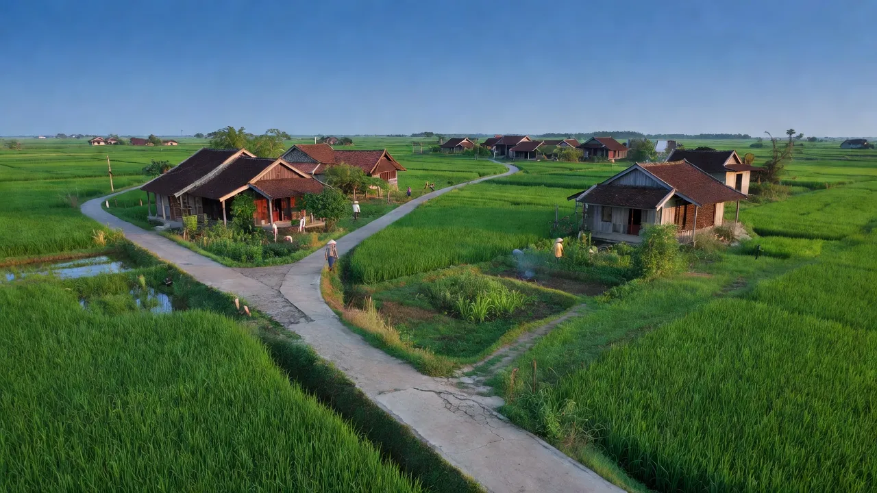 Cảnh nông thôn Xã Sông Trà, huyện Hiệp Đức, Quảng Nam với đường bê tông và cánh đồng xanh.