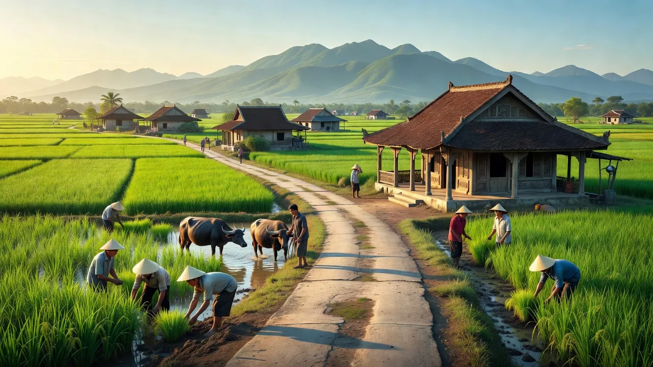 Khung cảnh nông thôn xã Sông Trà, huyện Hiệp Đức, tỉnh Quảng Nam với cánh đồng xanh và nhà truyền thống.