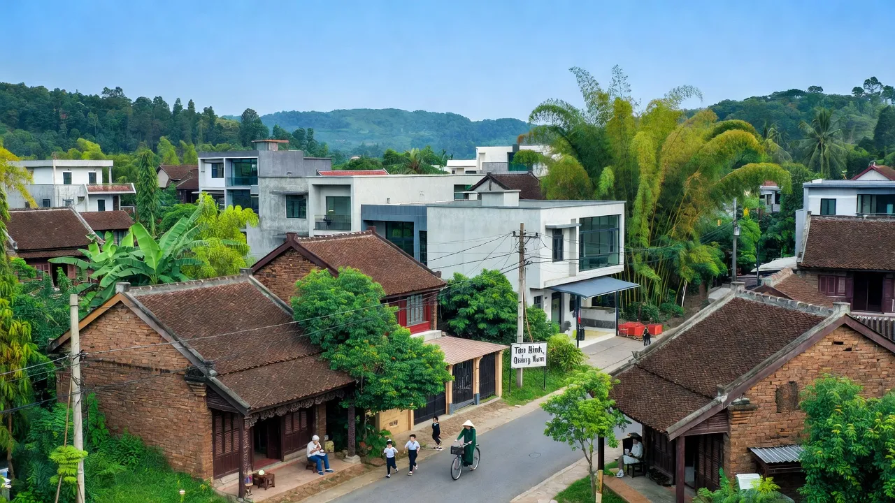 Khung cảnh thị trấn Tân Bình, huyện Hiệp Đức, tỉnh Quảng Nam với kiến trúc truyền thống và thiên nhiên xanh mát.