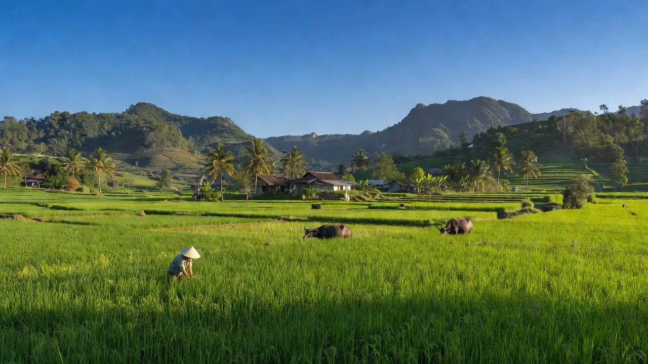 Cảnh đẹp xã Thăng Phước, Hiệp Đức, Quảng Nam với cánh đồng và núi xanh yên bình.