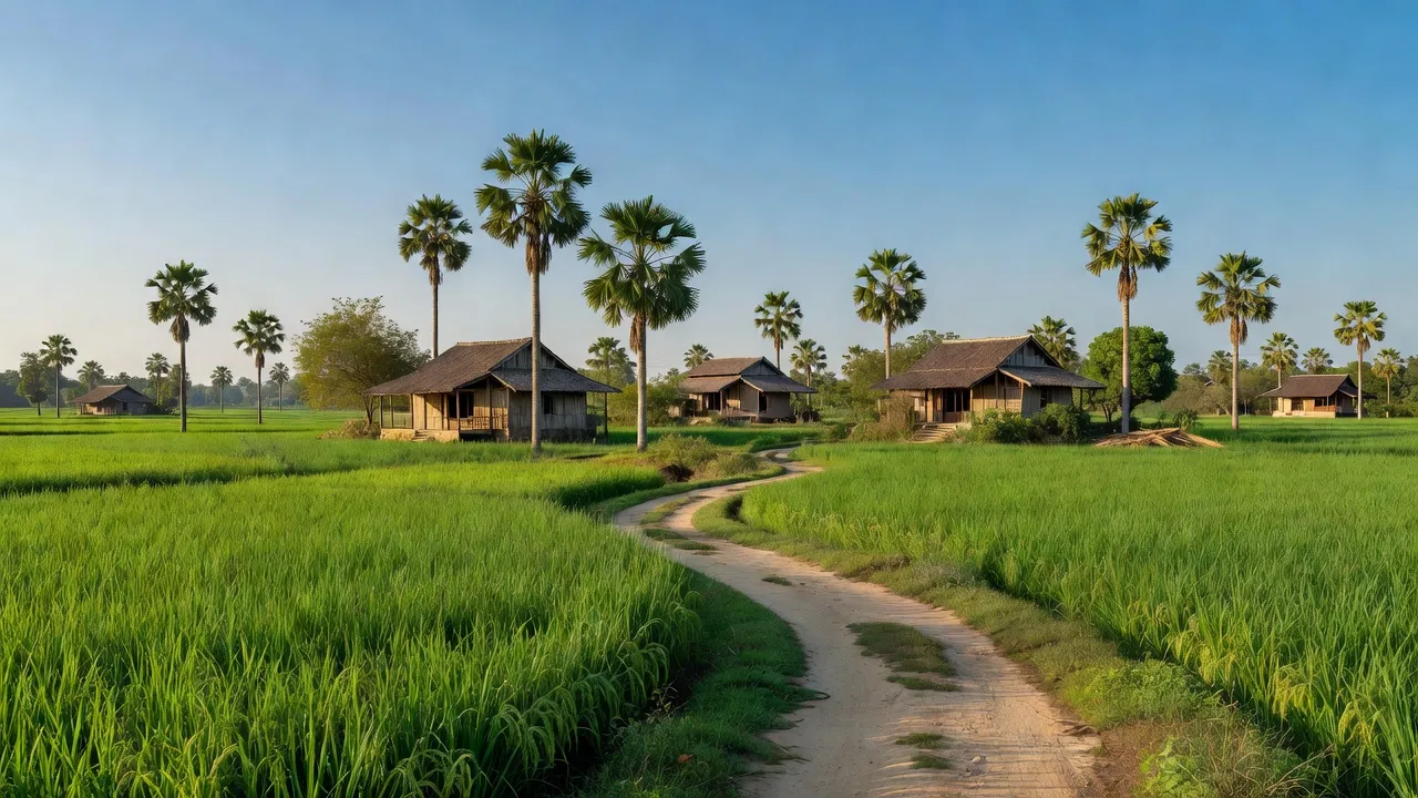 Cảnh đẹp xã Thăng Phước, huyện Hiệp Đức, tỉnh Quảng Nam, cánh đồng xanh tươi và bầu trời trong xanh.