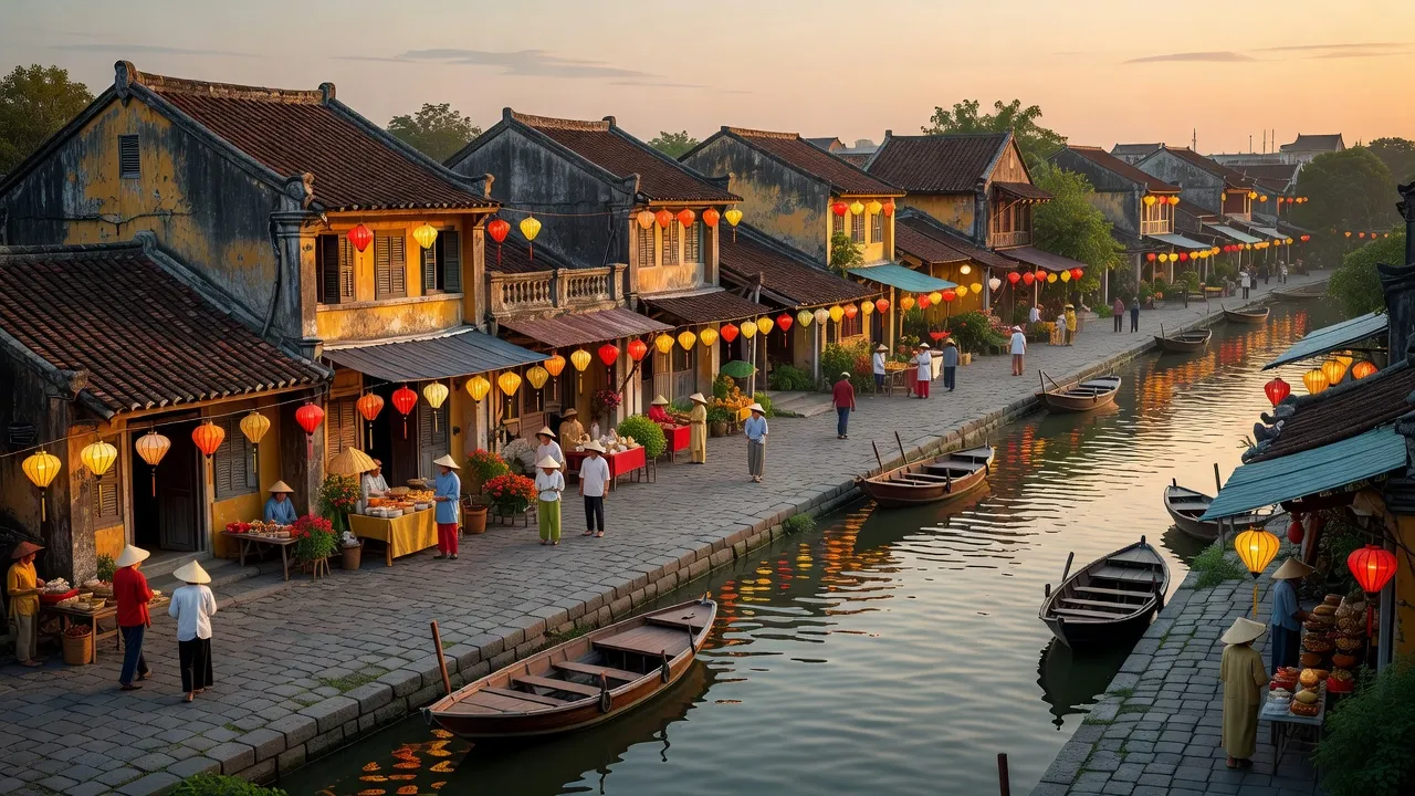 Thành phố Hội An, Quảng Nam với phố cổ đẹp và sông Thu Bồn, thu hút du khách.